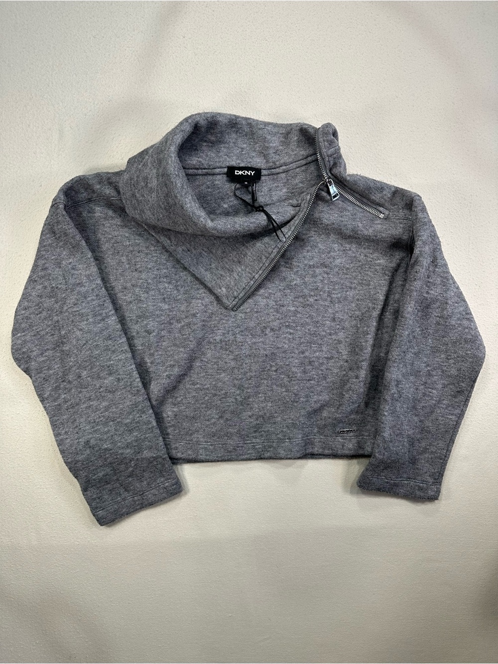 DKNY Gray Knit Convertible Asymmetric Zip Funnel Neck Cropped Sweater XS EUC